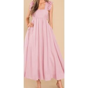 Women’s Square Neck Tie Back Casual A-Line Flowy Maxi Dress with Pockets-Small